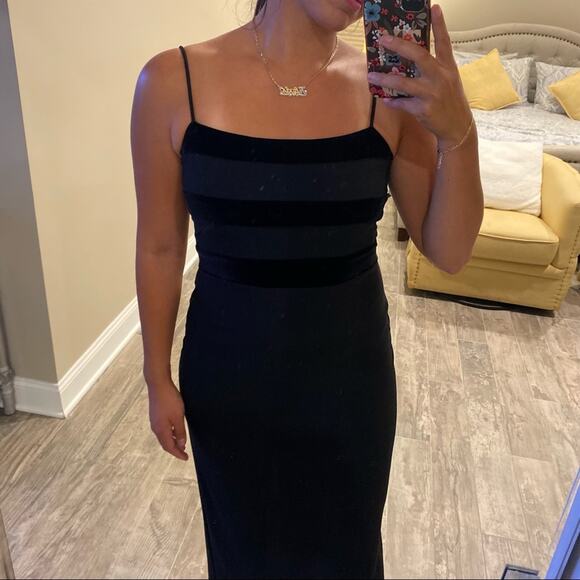 Rampage Full Length Dress Black Velvet Sheer Striped Formal Gown Size 4 - Picture 8 of 15